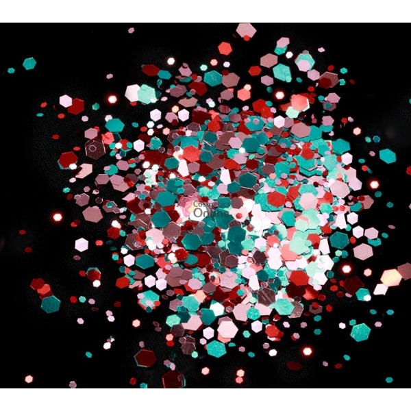 Paiete hexagonale Amelie pentru decor unghii APH37 Turcoaz-Pink-Red 1-3mm